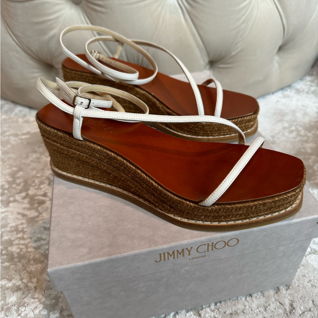 Jimmy Choo White Leather Wrap Espadrille Wedges Size 37.5